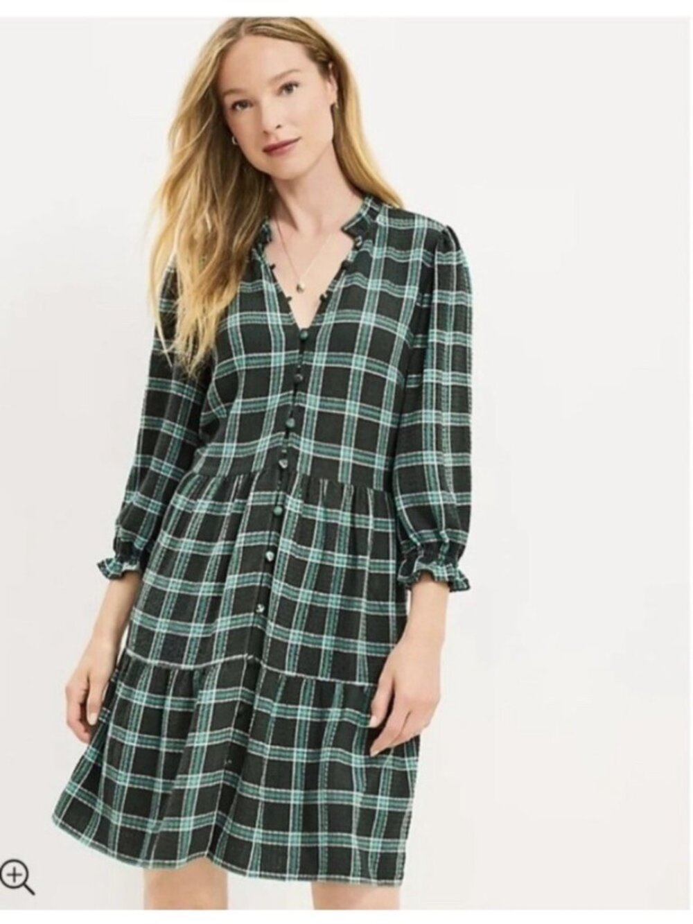 NWT Loft Plaid Tiered Ruffle Mini Dress Small Green Fall Winter Holiday Thanksgi